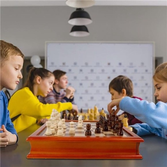 Wooden Chess & Checkers Set with Storage Drawer, Portable Board Games - Picture 4 of 11